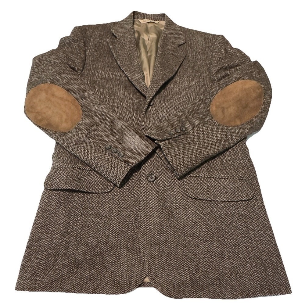 Stafford Sport Coat Brown Tweed Elbow Patches Vintage USA 40L Lambswool Blazer